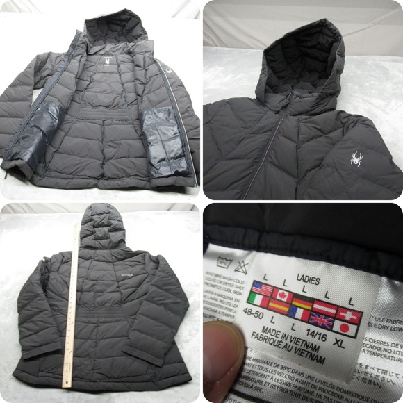 Spyder Down Jacket Women Large Black Puffer Coat Hooded Full Zip Metallic Zipper - Picture 1 of 16